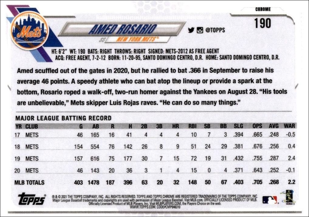 2021 Topps Chrome Amed Rosario #190 baseball trading card back