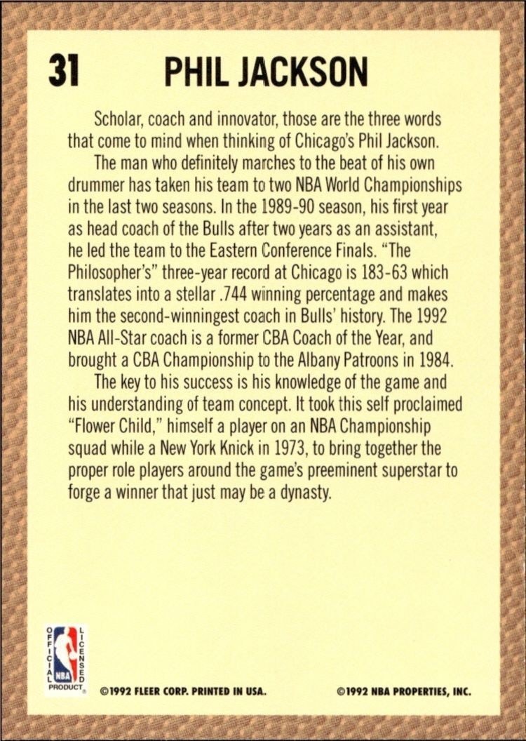 1992-93 Fleer Phil Jackson #31 basketball trading card back