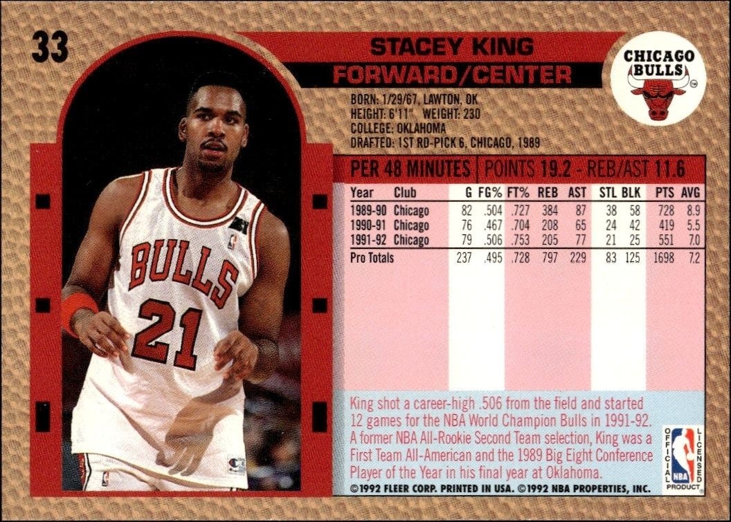 1992-93 Fleer Stacey King #33 basketball trading card back