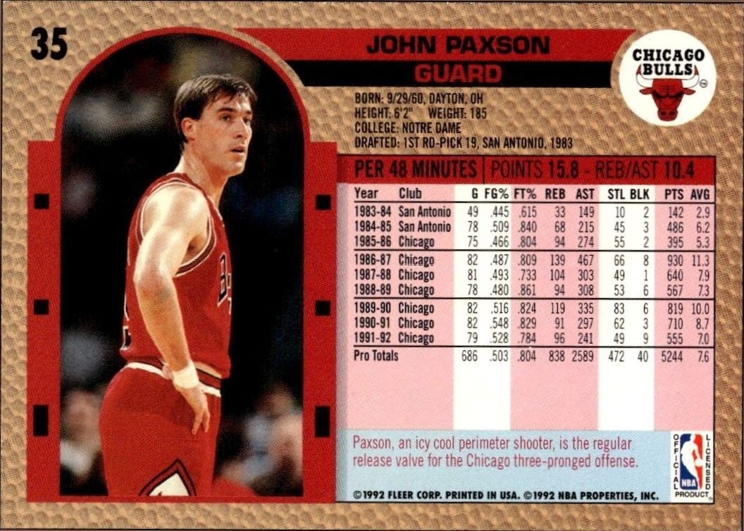 1992-93 Fleer John Paxson #35 basketball trading card back