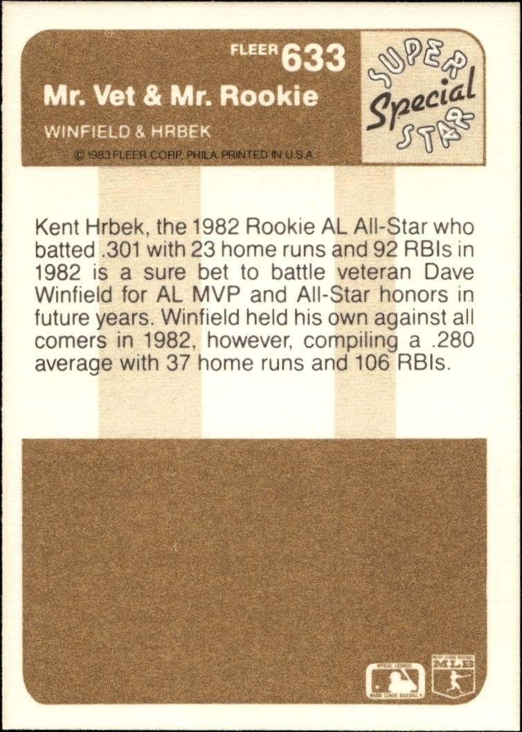1983 Fleer Dave Winfield #633 baseball trading card back