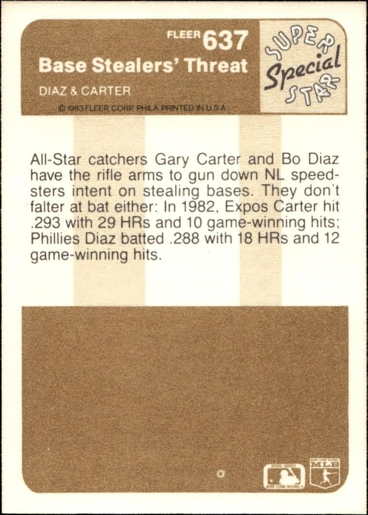 1983 Fleer Bo Diaz #637 baseball trading card back