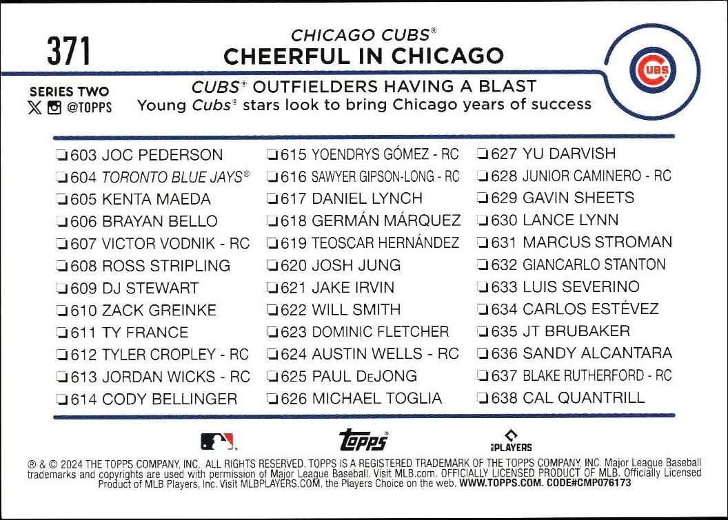 2024 Topps Series 2 Cheerful In Chicago #371 baseball trading card back