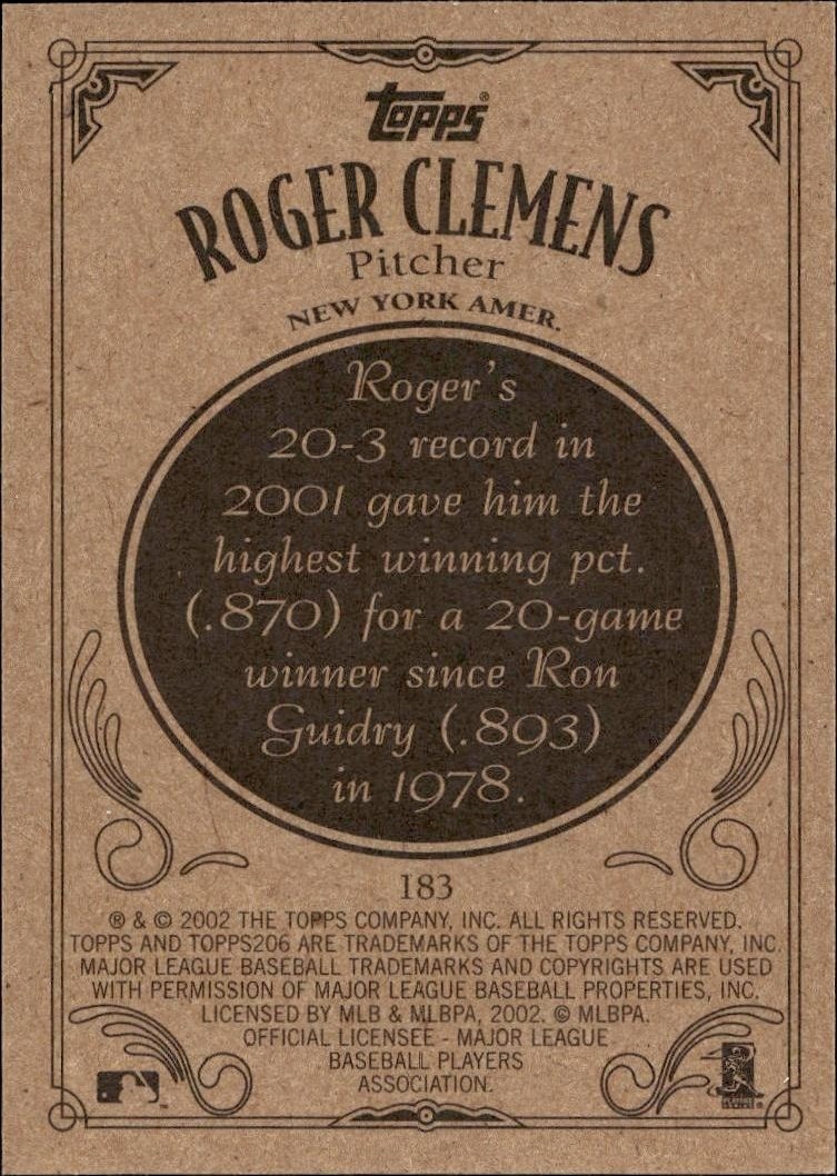 2002 Topps T206 Roger Clemens #183 baseball trading card back