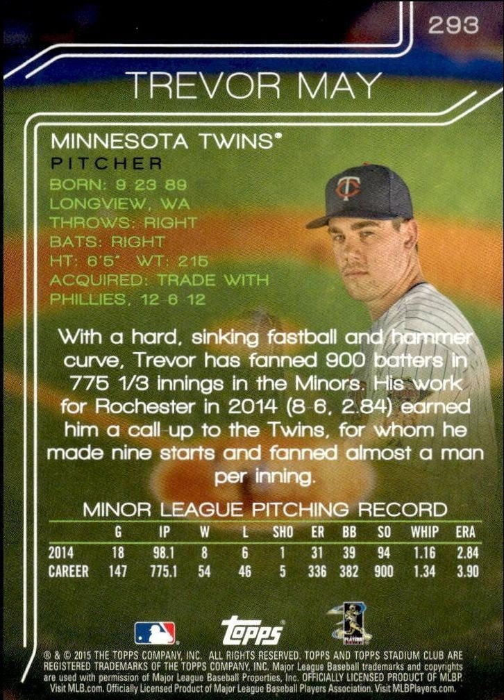 2015 Topps Stadium Club Trevor May #293 baseball trading card back