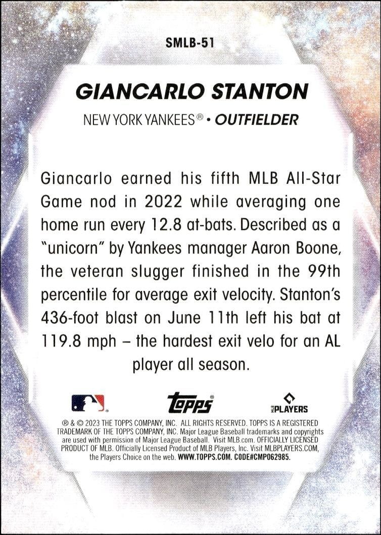 2023 Topps Series 2 Giancarlo Stanton #SMLBC-51 baseball trading card back