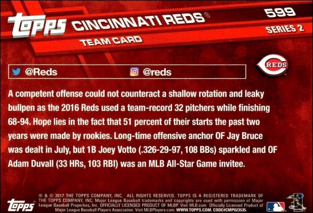 2017 Topps Series 2 Cincinnati Reds #599 baseball trading card back