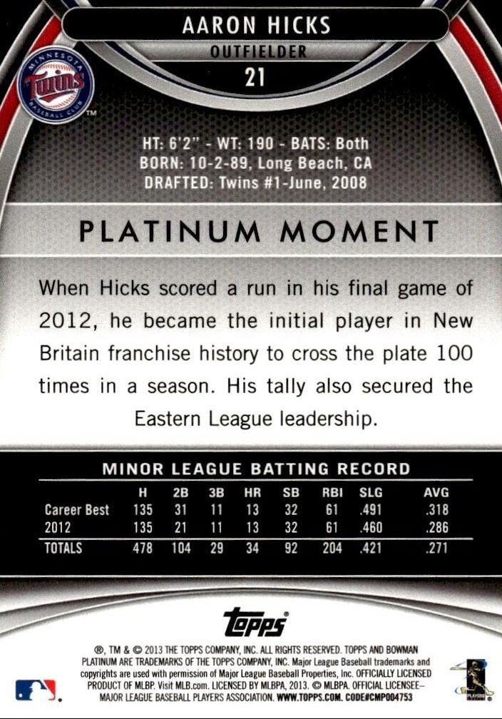 2013 Bowman Platinum Aaron Hicks #21 baseball trading card back