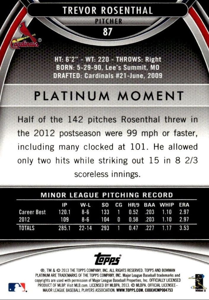 2013 Bowman Platinum Trevor Rosenthal #87 baseball trading card back