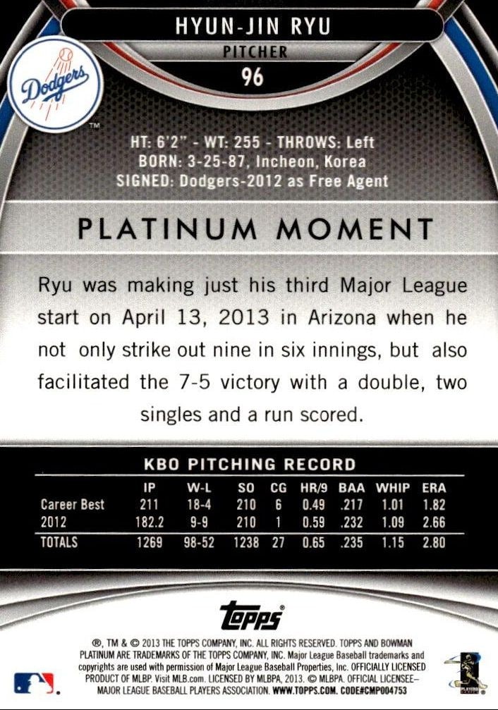 2013 Bowman Platinum Hyun-Jin Ryu #96 baseball trading card back