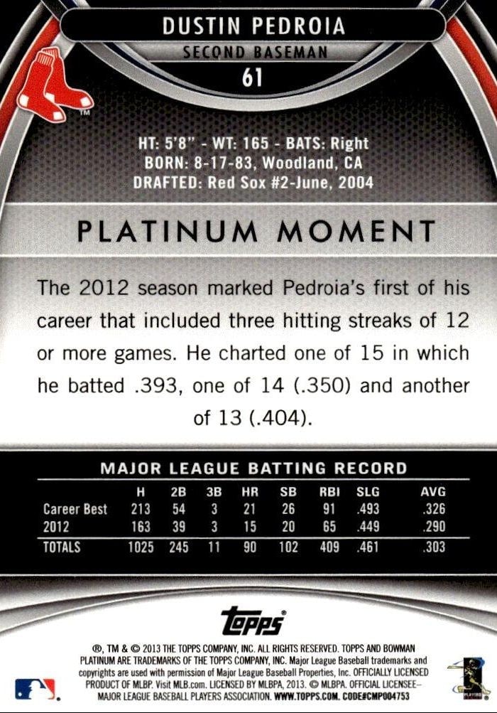 2013 Bowman Platinum Dustin Pedroia #61 baseball trading card back