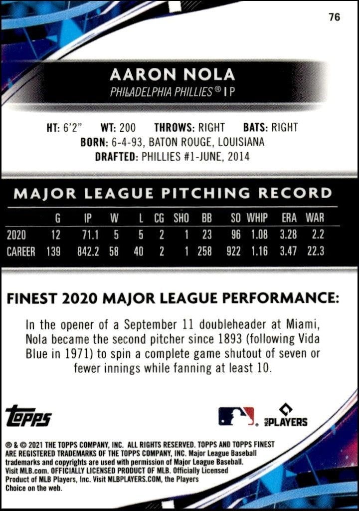 2021 Topps Finest Aaron Nola #76 baseball trading card back