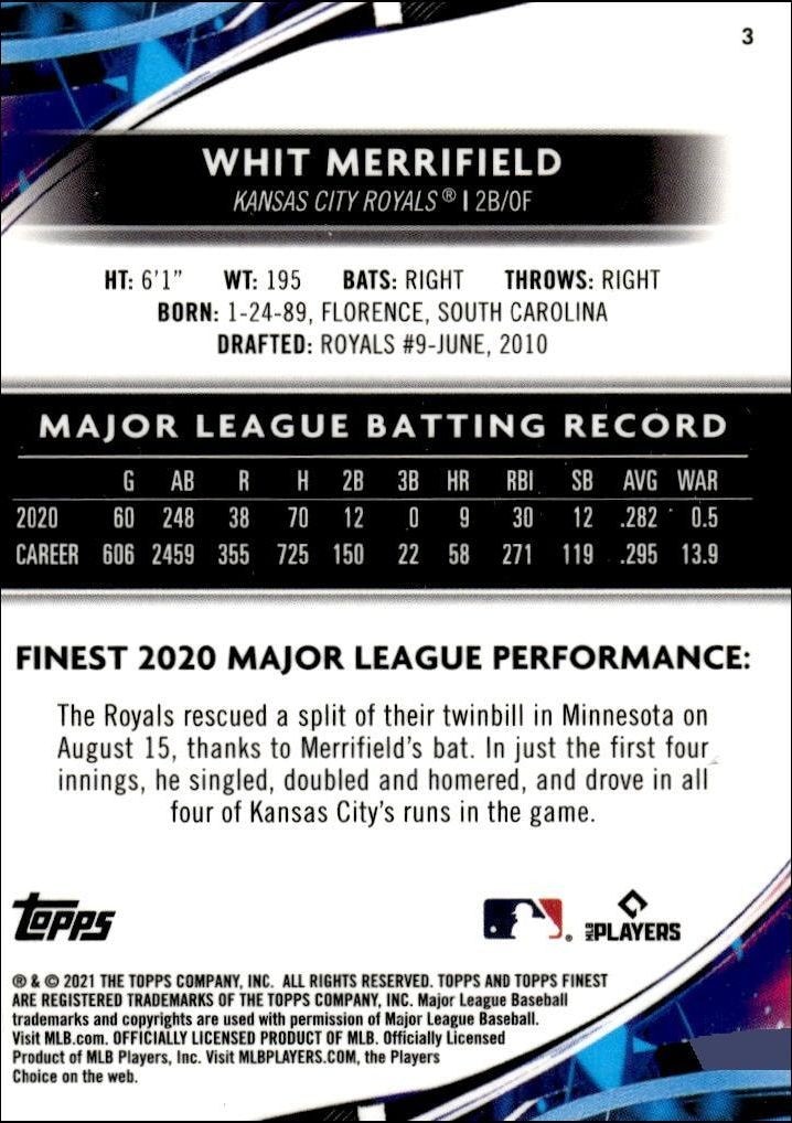 2021 Topps Finest Whit Merrifield #3 baseball trading card back
