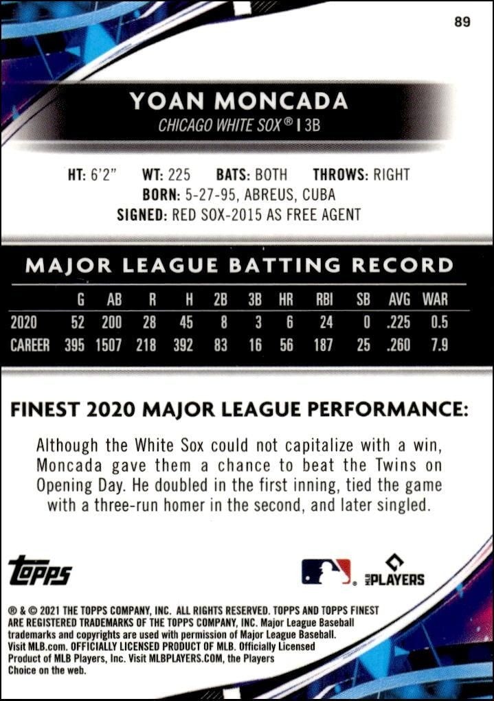 2021 Topps Finest Yoan Moncada #89 baseball trading card back