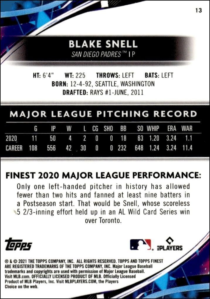 2021 Topps Finest Blake Snell #13 baseball trading card back