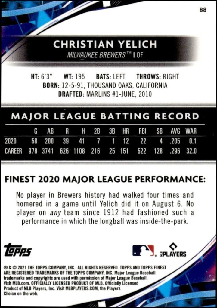 2021 Topps Finest Christian Yelich #88 baseball trading card back
