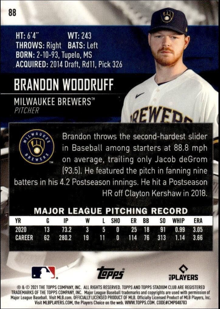 2021 Topps Stadium Club Chrome Brandon Woodruff #88 baseball trading card back