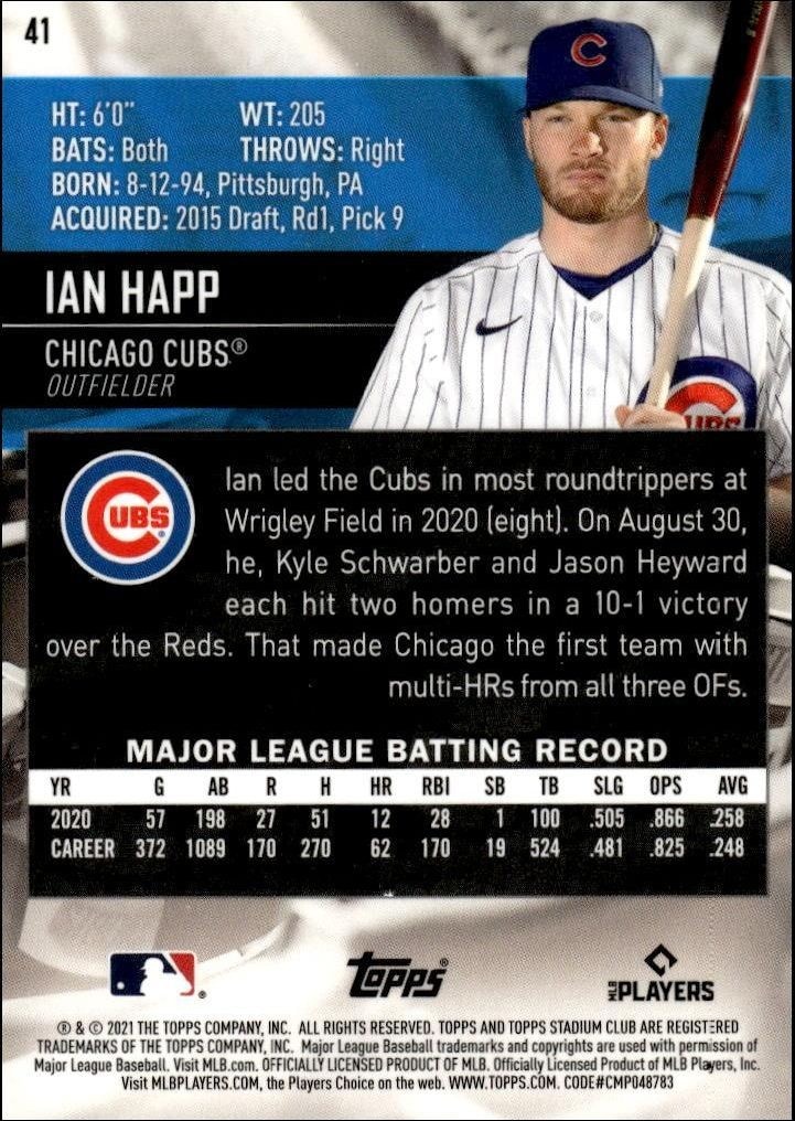 2021 Topps Stadium Club Chrome Ian Happ #41 baseball trading card back