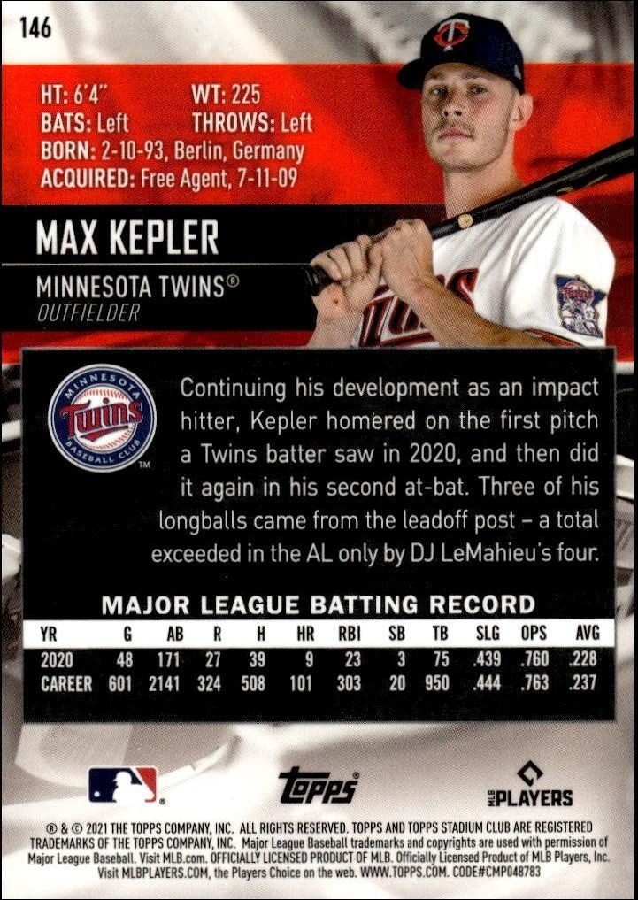 2021 Topps Stadium Club Chrome Max Kepler #146 baseball trading card back