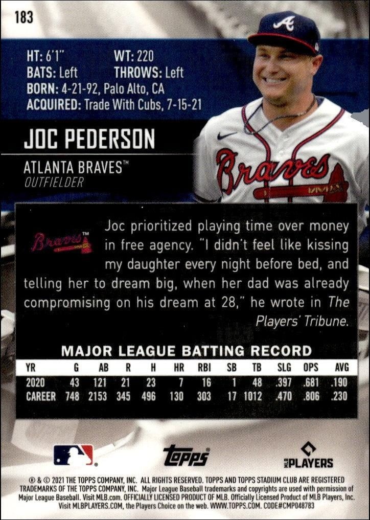 2021 Topps Stadium Club Chrome Joc Pederson #183 baseball trading card back