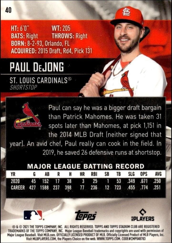 2021 Topps Stadium Club Chrome Paul DeJong #40 baseball trading card back
