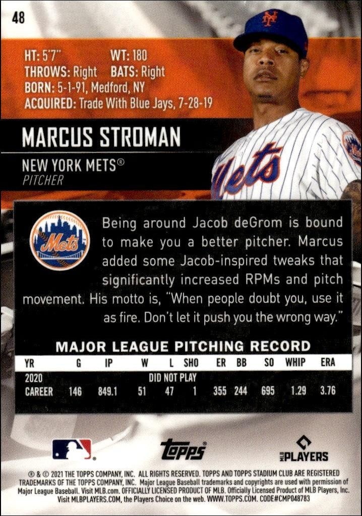 2021 Topps Stadium Club Chrome Marcus Stroman #48 baseball trading card back