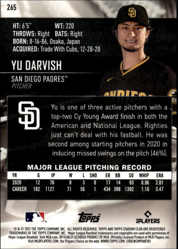 2021 Topps Stadium Club Chrome Yu Darvish #265 baseball trading card back