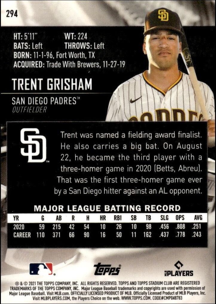 2021 Topps Stadium Club Chrome Trent Grisham #294 baseball trading card back