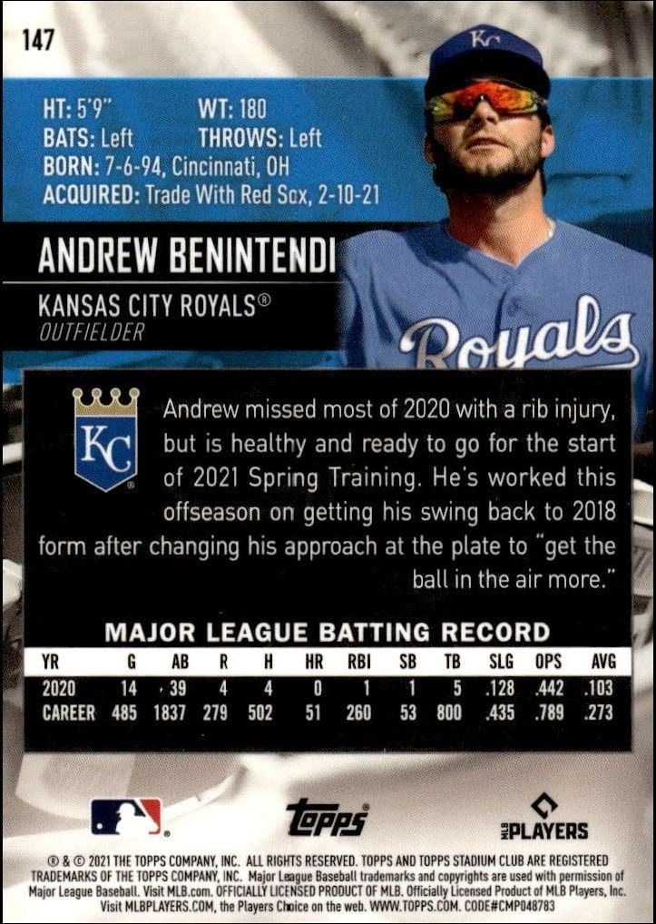 2021 Topps Stadium Club Chrome Andrew Benintendi #147 baseball trading card back