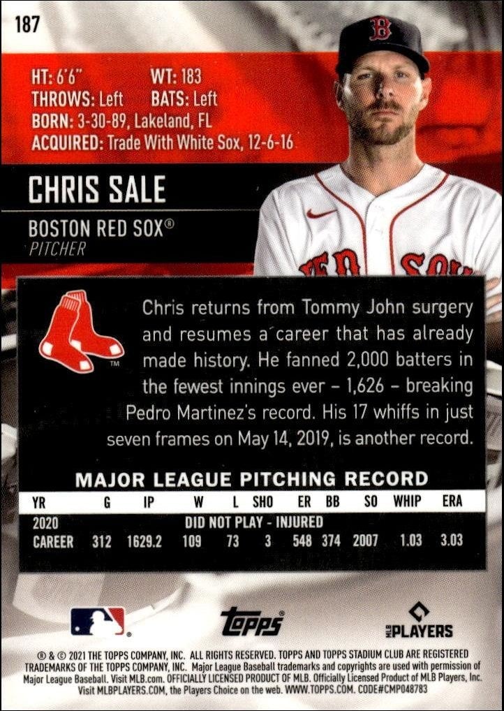 2021 Topps Stadium Club Chrome Chris Sale #187 baseball trading card back
