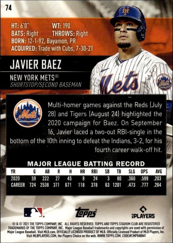 2021 Topps Stadium Club Chrome Javier Baez #74 baseball trading card back