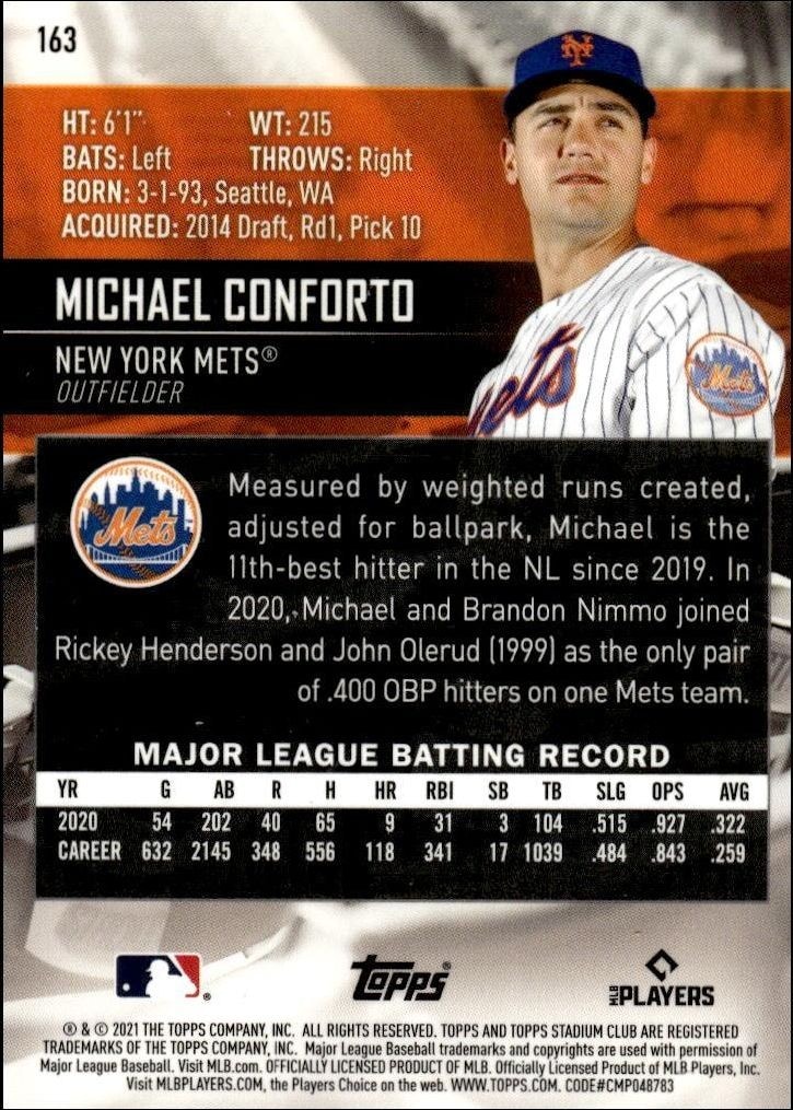 2021 Topps Stadium Club Chrome Michael Conforto #163 baseball trading card back