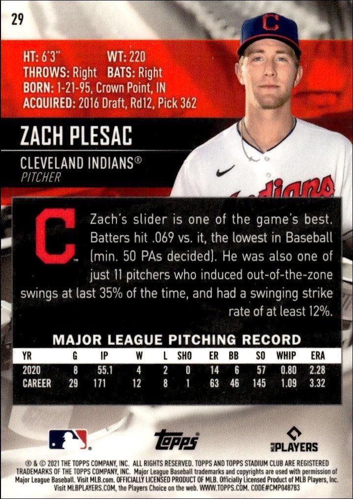 2021 Topps Stadium Club Chrome Zach Plesac #29 baseball trading card back