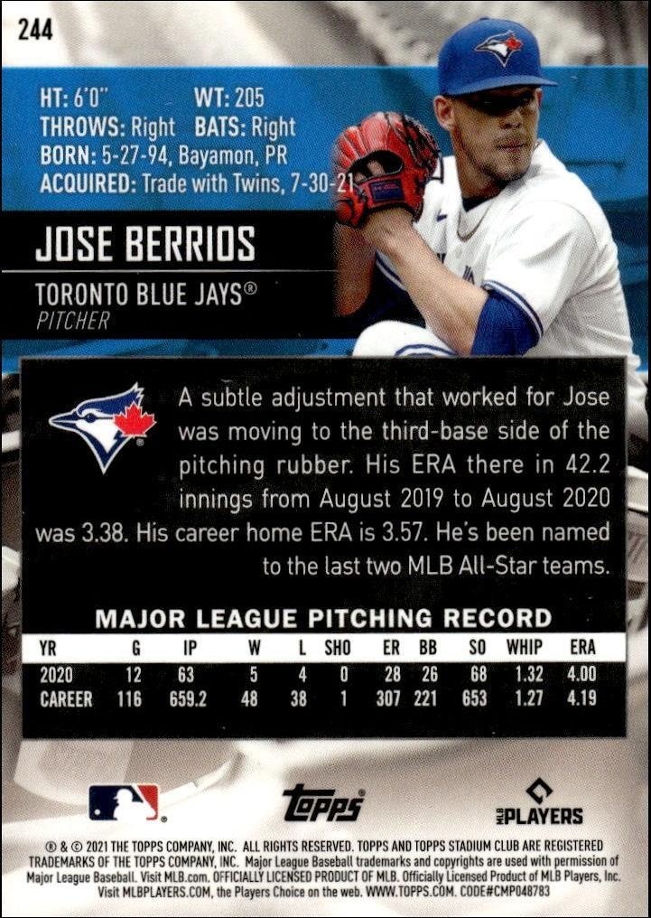2021 Topps Stadium Club Chrome José Berríos #244 baseball trading card back