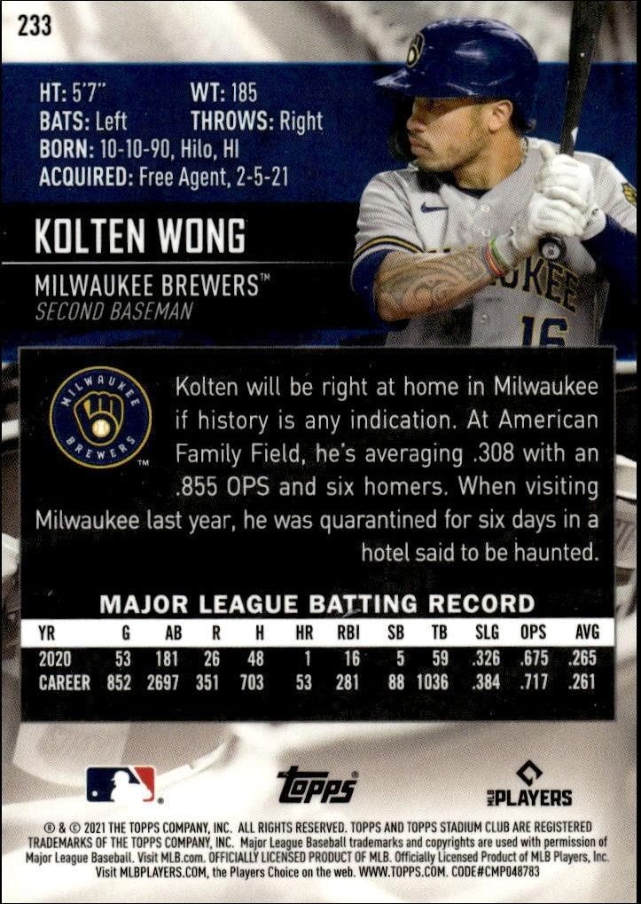 2021 Topps Stadium Club Chrome Kolten Wong #233 baseball trading card back