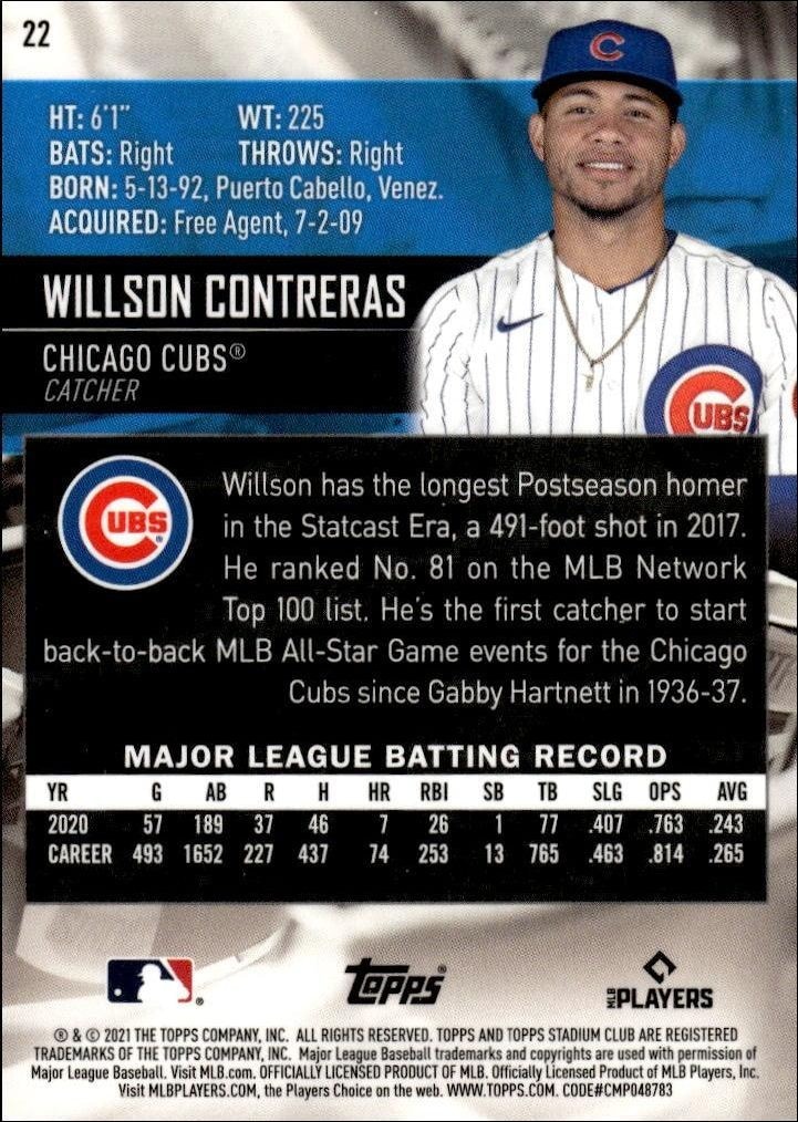 2021 Topps Stadium Club Chrome Willson Contreras #22 baseball trading card back