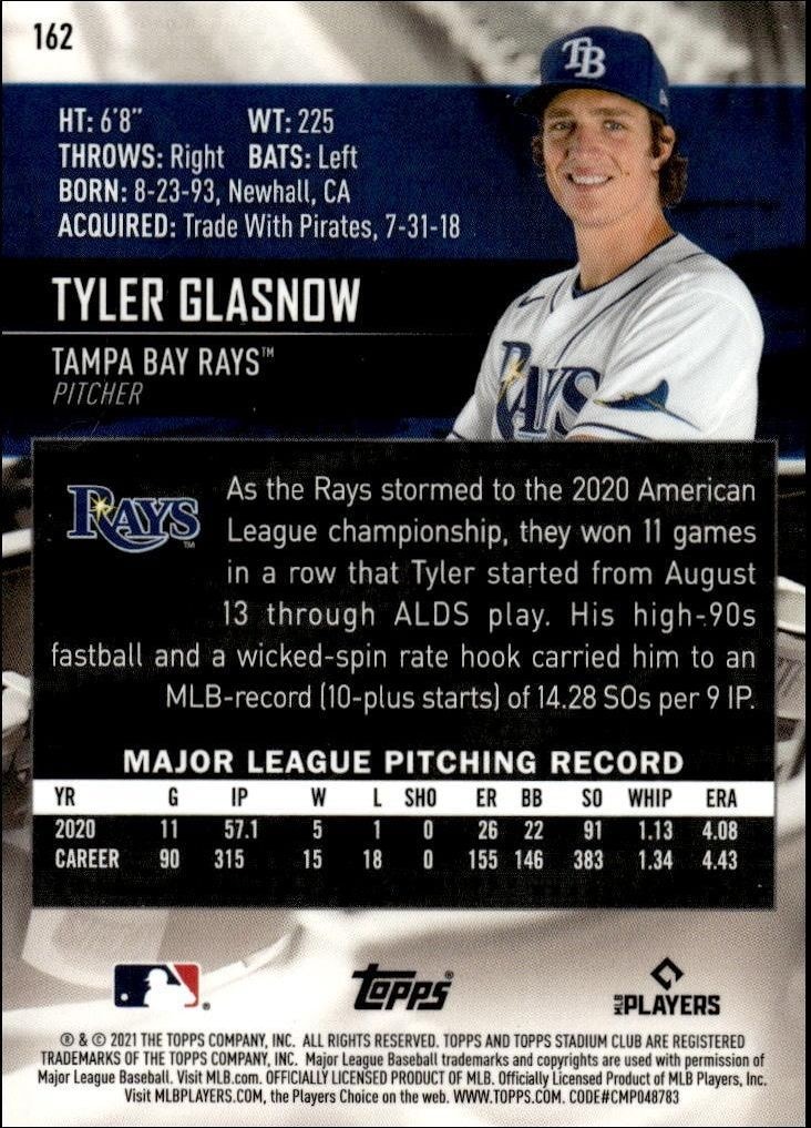 2021 Topps Stadium Club Chrome Tyler Glasnow #162 baseball trading card back