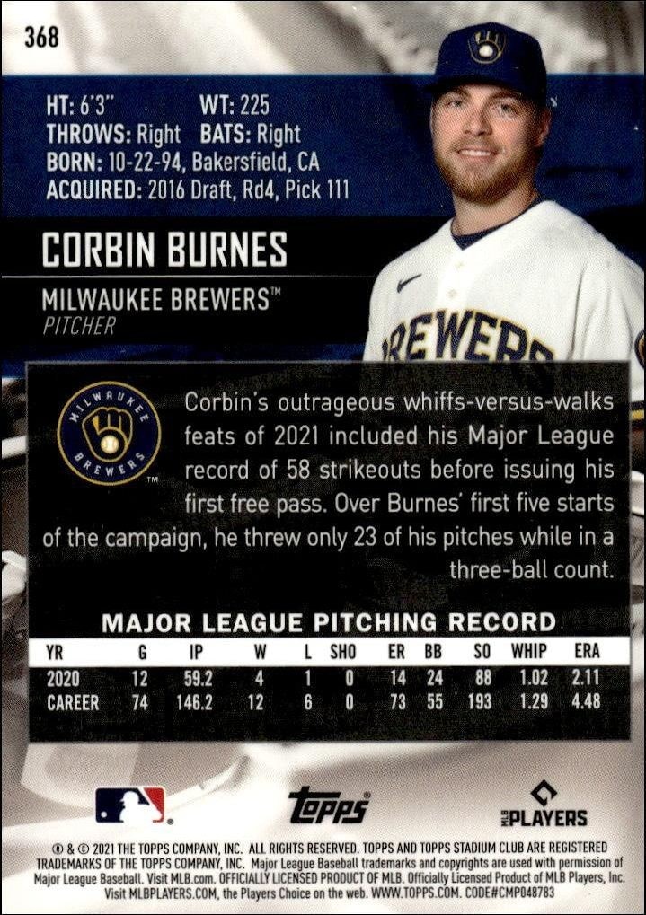 2021 Topps Stadium Club Chrome Corbin Burnes #368 baseball trading card back