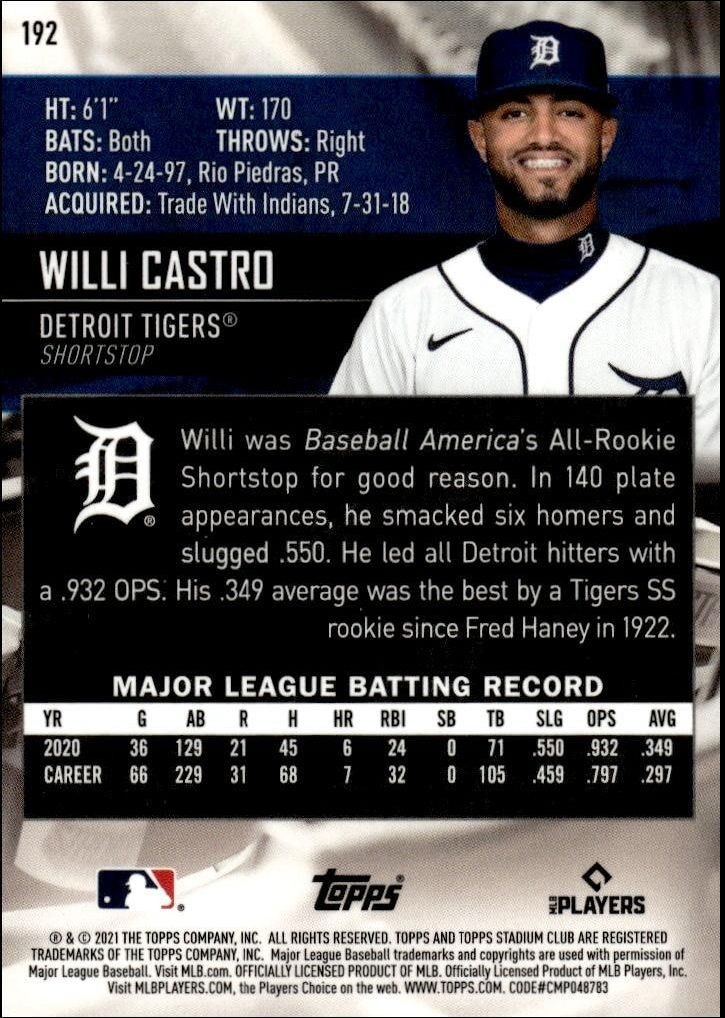 2021 Topps Stadium Club Chrome Willi Castro #192 baseball trading card back