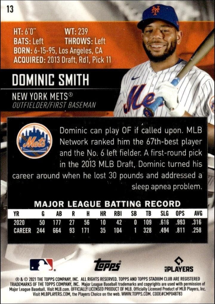 2021 Topps Stadium Club Chrome Dominic Smith #13 baseball trading card back