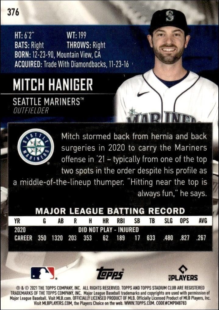 2021 Topps Stadium Club Chrome Mitch Haniger #376 baseball trading card back
