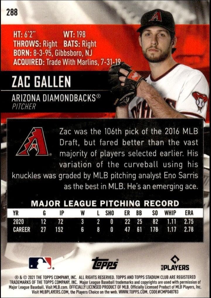 2021 Topps Stadium Club Chrome Zac Gallen #288 baseball trading card back
