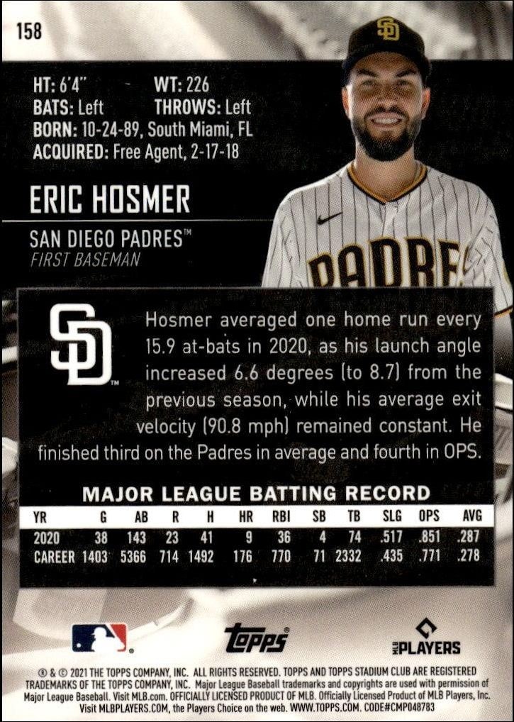 2021 Topps Stadium Club Chrome Eric Hosmer #158 baseball trading card back