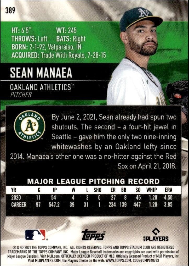 2021 Topps Stadium Club Chrome Sean Manaea #389 baseball trading card back