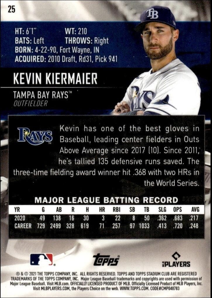 2021 Topps Stadium Club Chrome Kevin Kiermaier #25 baseball trading card back