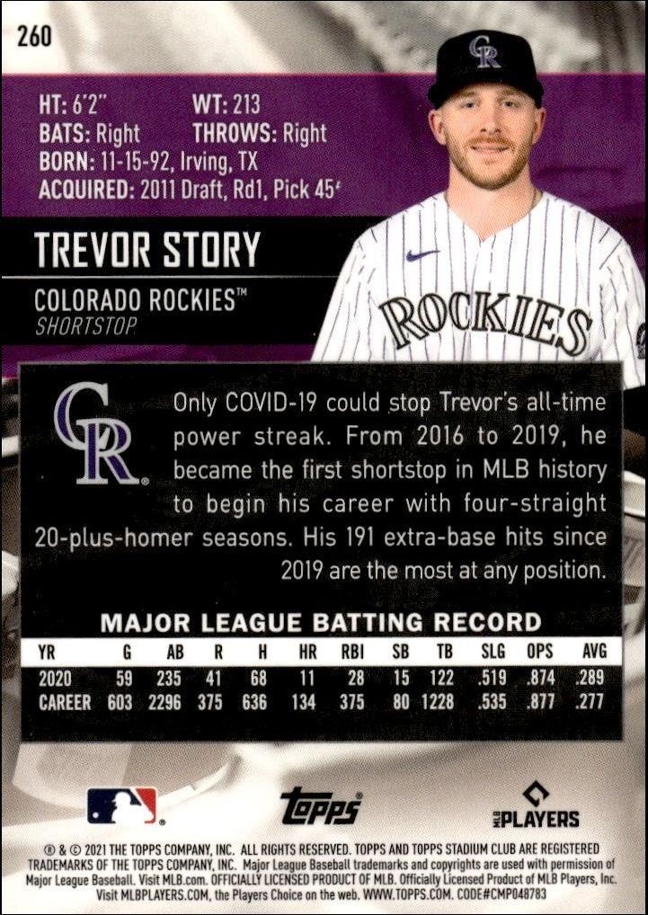 2021 Topps Stadium Club Chrome Trevor Story #260 baseball trading card back