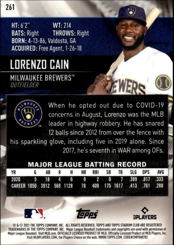2021 Topps Stadium Club Chrome Lorenzo Cain #261 baseball trading card back
