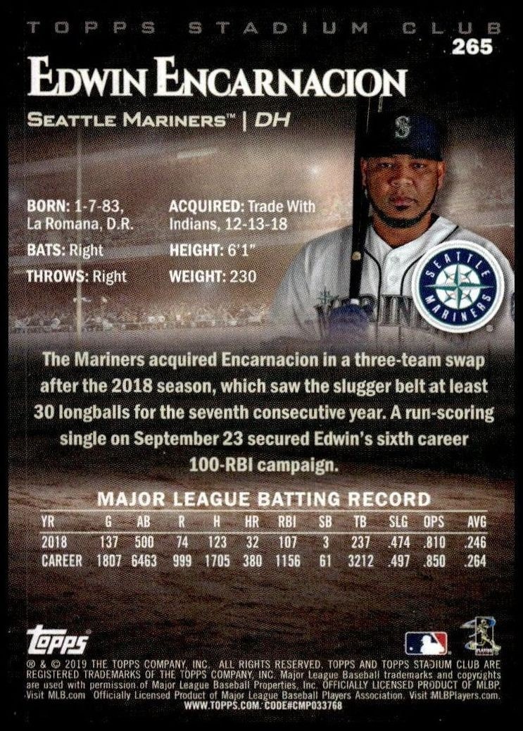 2019 Topps Stadium Club Edwin Encarnacion #265 baseball trading card back