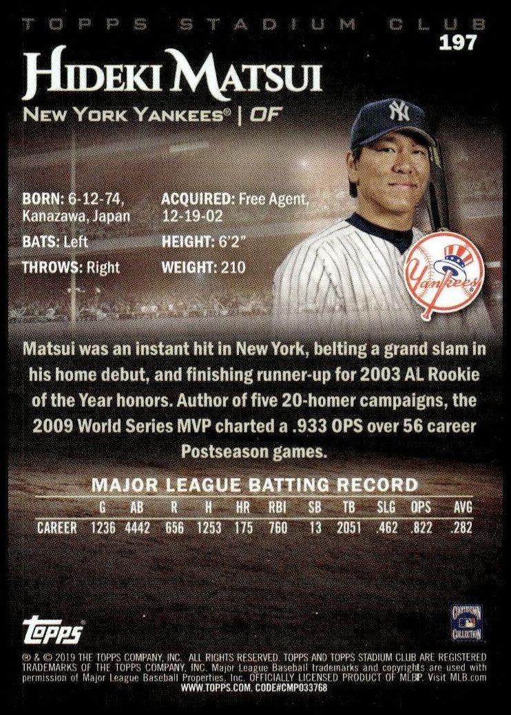 2019 Topps Stadium Club Hideki Matsui #197 baseball trading card back