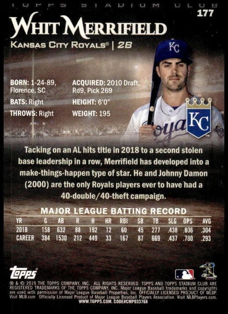 2019 Topps Stadium Club Whit Merrifield #177 baseball trading card back